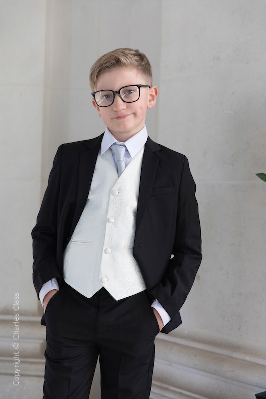 Boys Black & Ivory Suit with Silver Tie - Roland